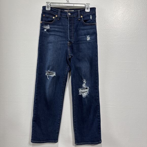 Levis Jeans Womens 28 Ribcage Straight Ankle Button Fly Distressed Blue Denim - Picture 1 of 15